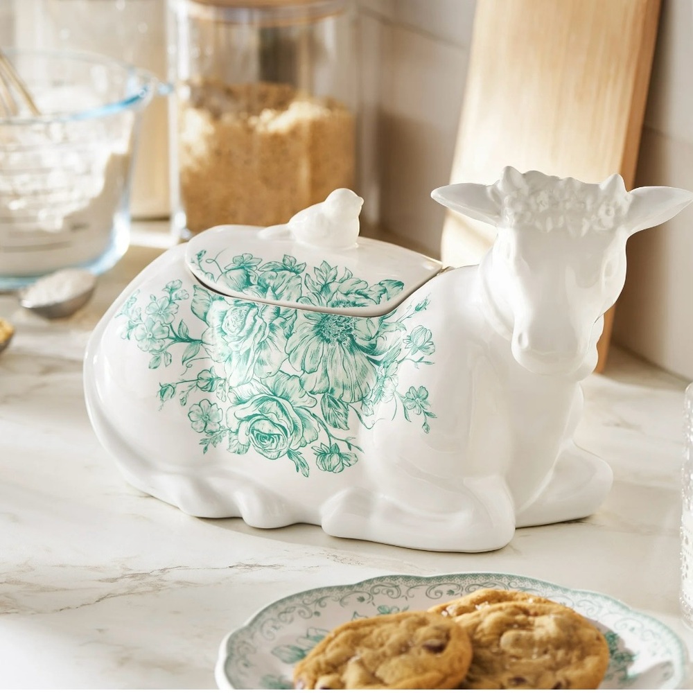 Last one - The Pioneer Woman Agatha Stoneware Cow Cookie Jar- Green Floral